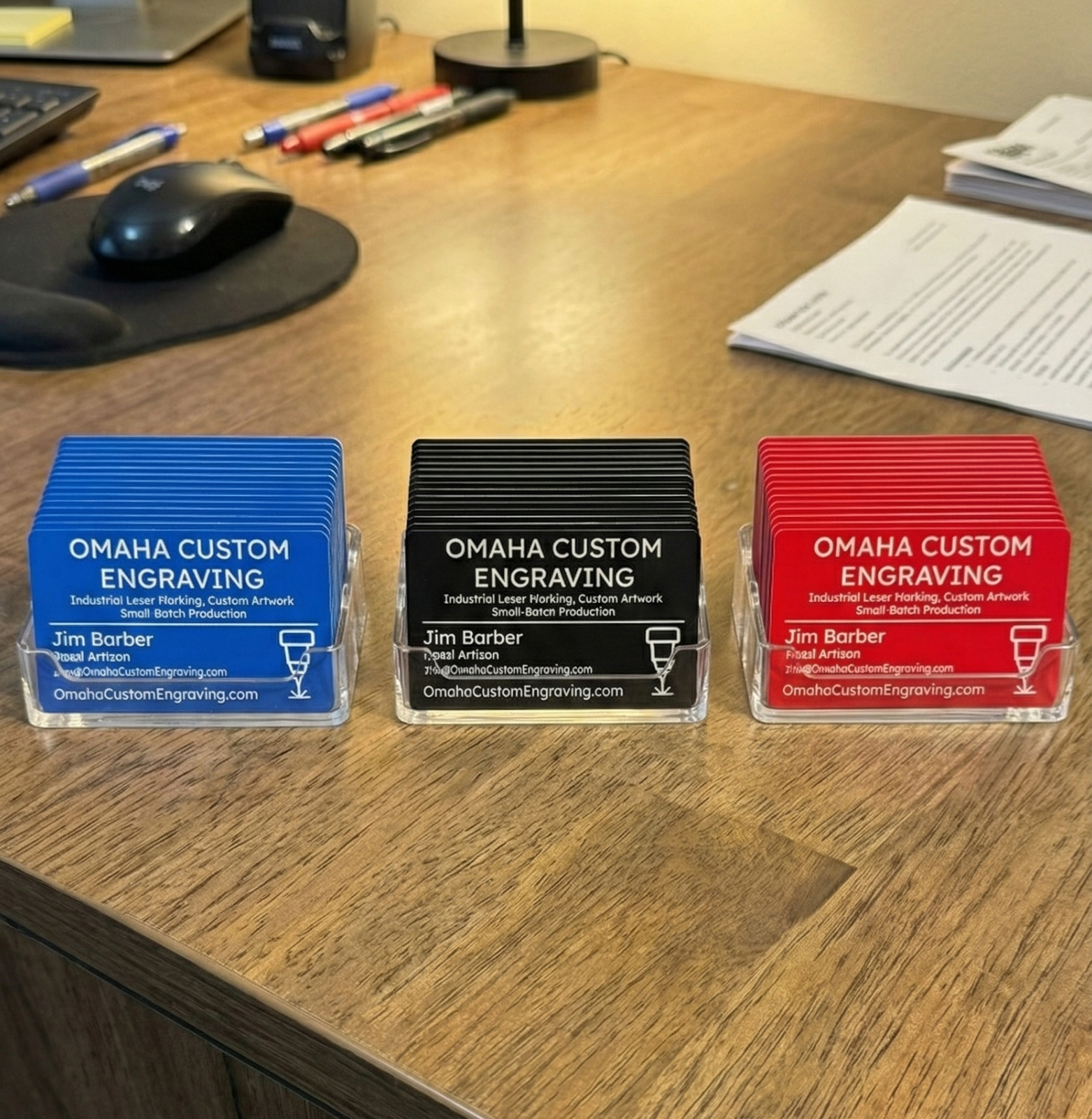 Personalized Metal Business Cards. Custom Laser Engraved Aluminum Red Blue Black