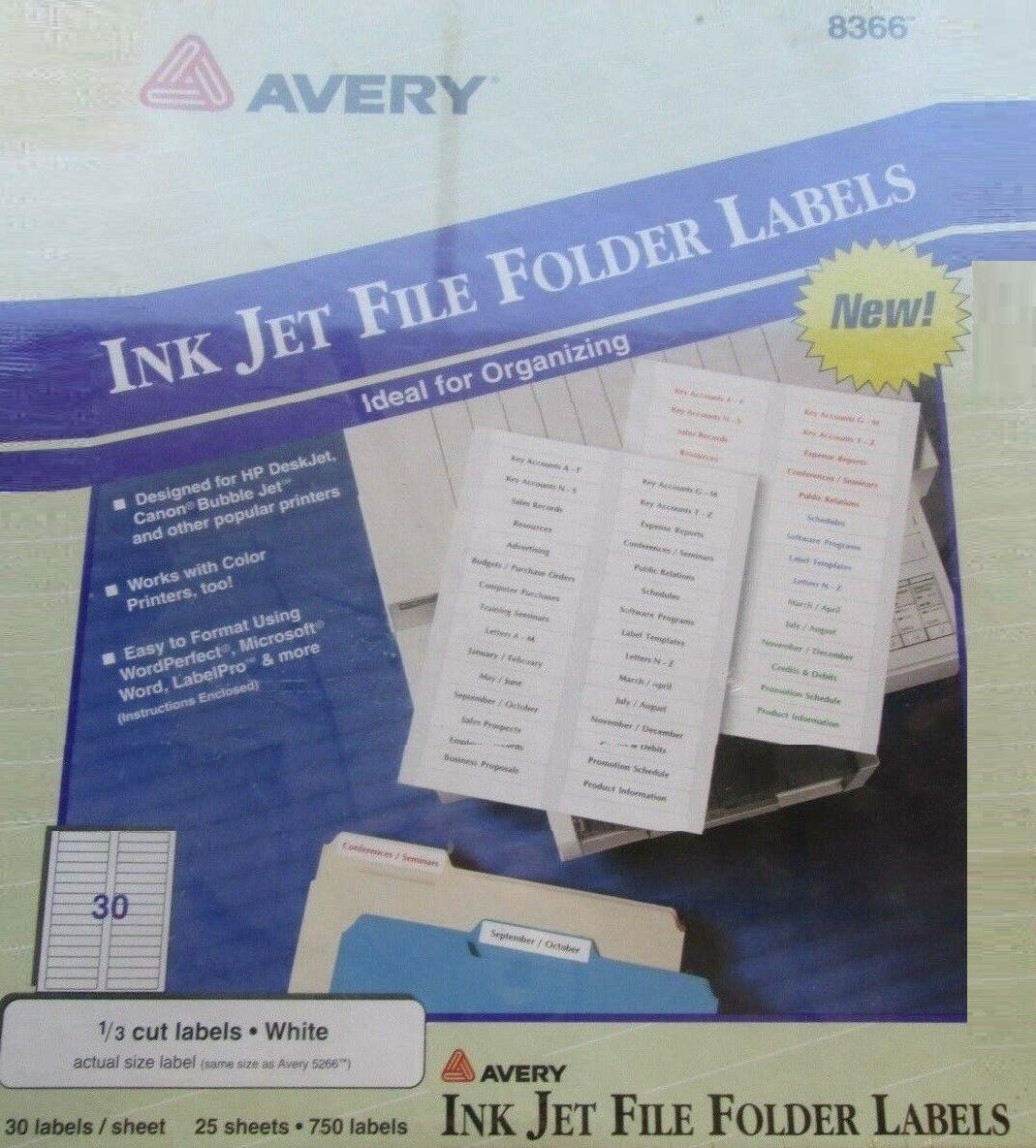 #8366 AVERY INK JET WHITE FILE FOLDER LABELS 1/3 CUT LABELS 750 FREE SHIPPING US