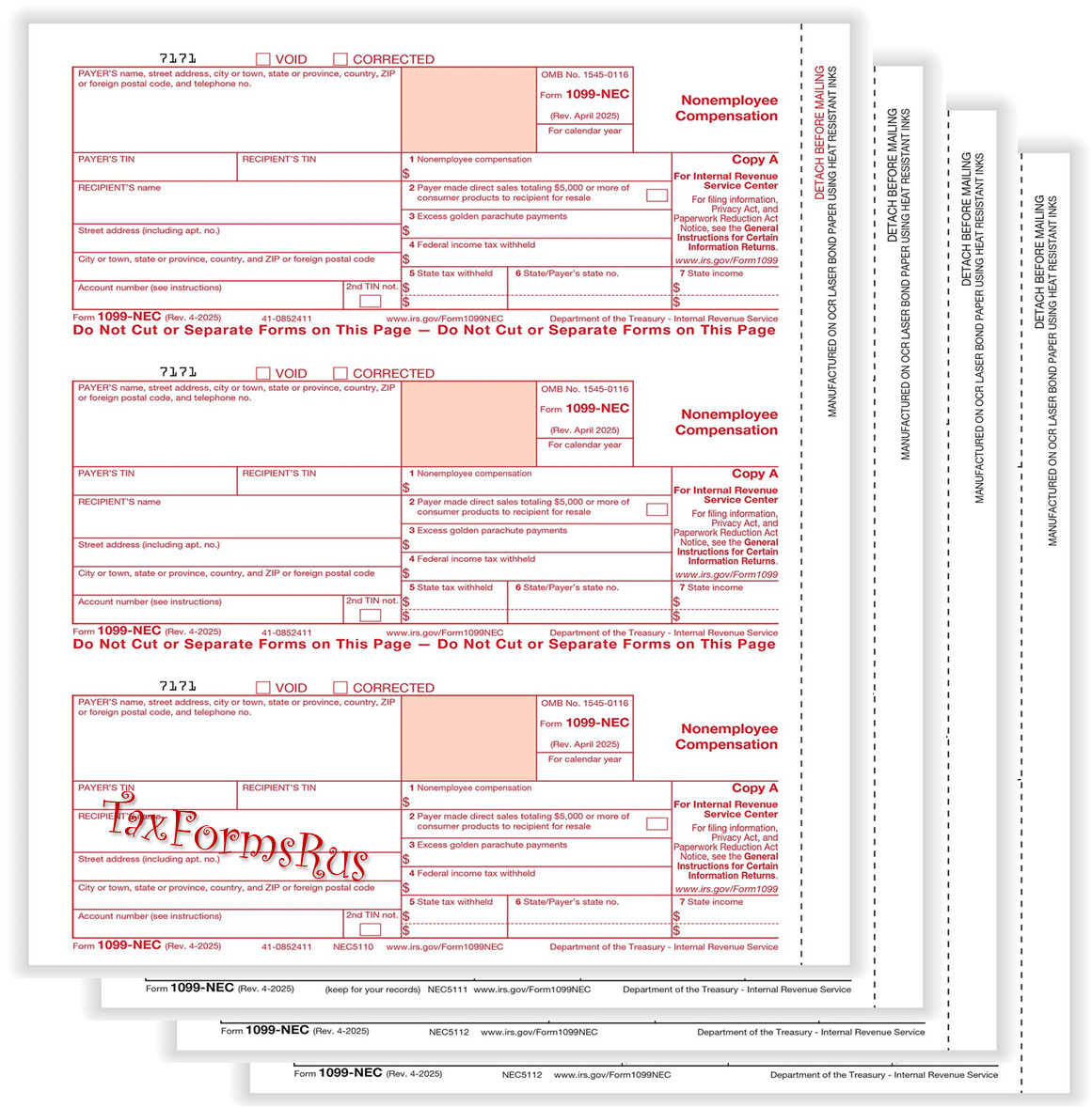 2025 IRS TAX FORMS KIT: 1099-NEC 12 recipients +envelopes +(2)1096 LASER 4pt 3UP