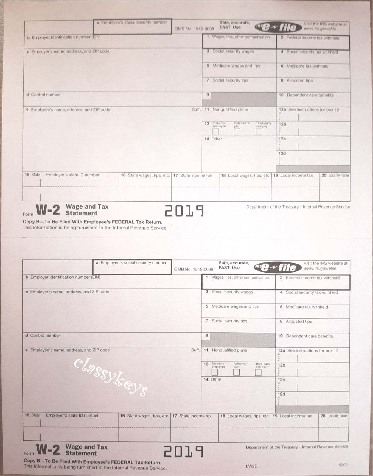2019 IRS Tax Form W-2 Wage Stmts 10 employees LASER 6-pt +(2)W3 #TF5650 NO Env