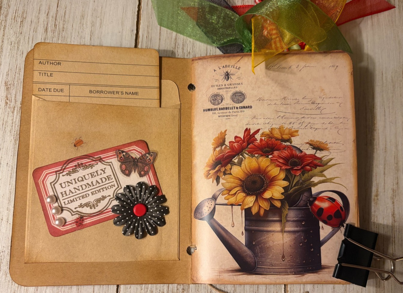 Junk Journal Handmade Booklet Book Vintage Ladybugs Flowers Pockets, Ephemera a