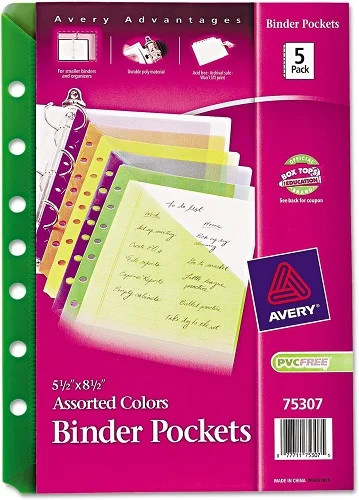 5.5×8.5in Mini Binder Pockets Fits 3-Ring/7-Ring Binders Assorted 5/PK – 1EA