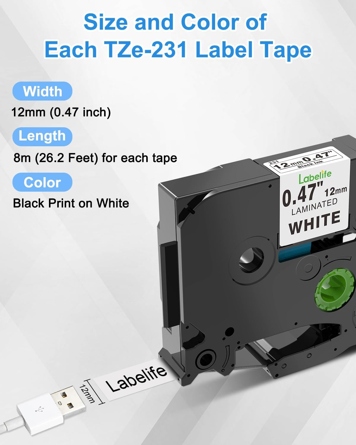TZe-231 Compatible Brother P-Touch TZ-231 12mm Label Maker Tape Black on White