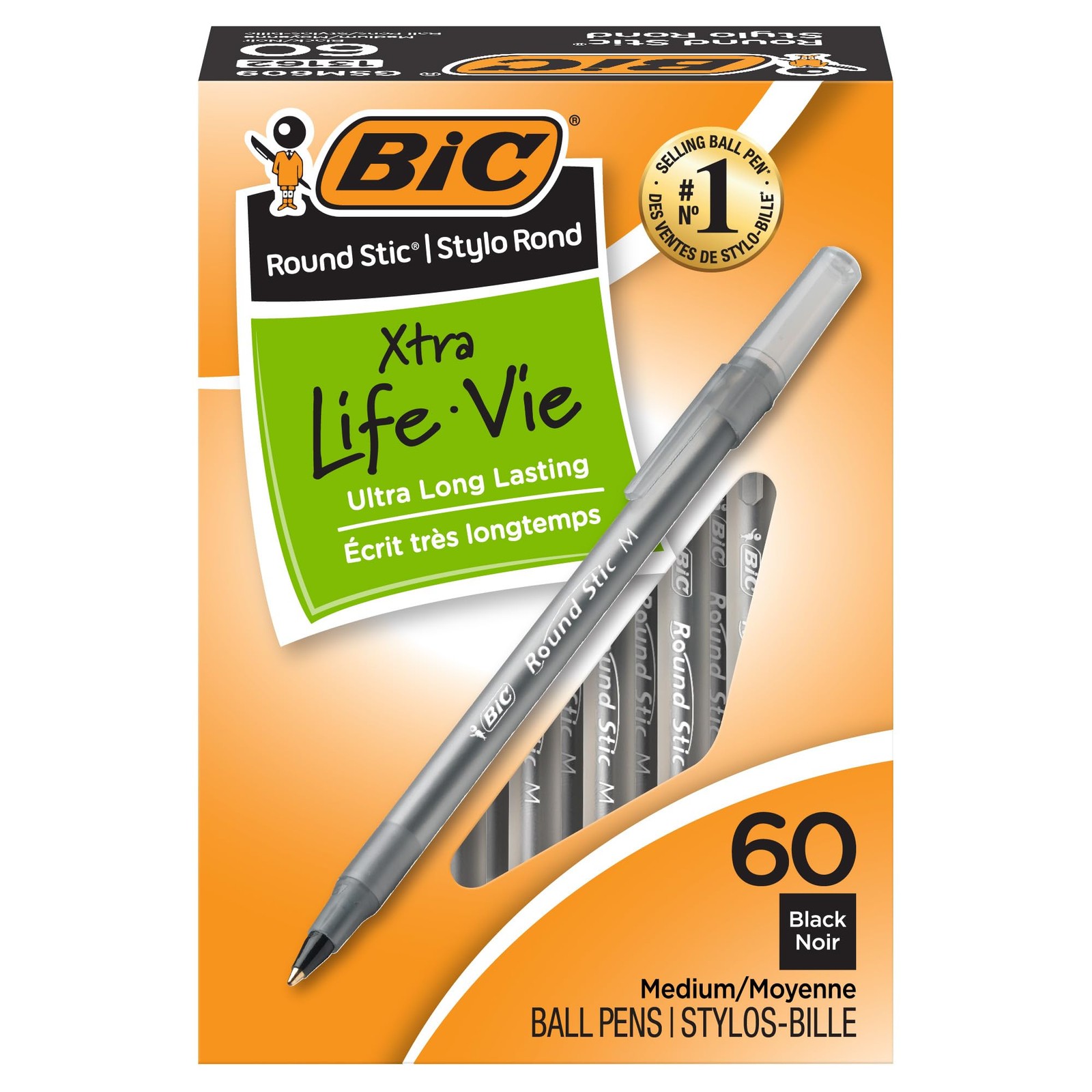 BIC Round Stic Xtra Life Ballpoint Pen, Ultra 60 Count (Pack of 1), Black