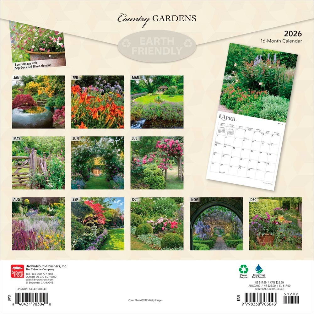 Country Gardens | 2026 12×24″ (Hanging) Square Wall Calendar | Plastic-Free