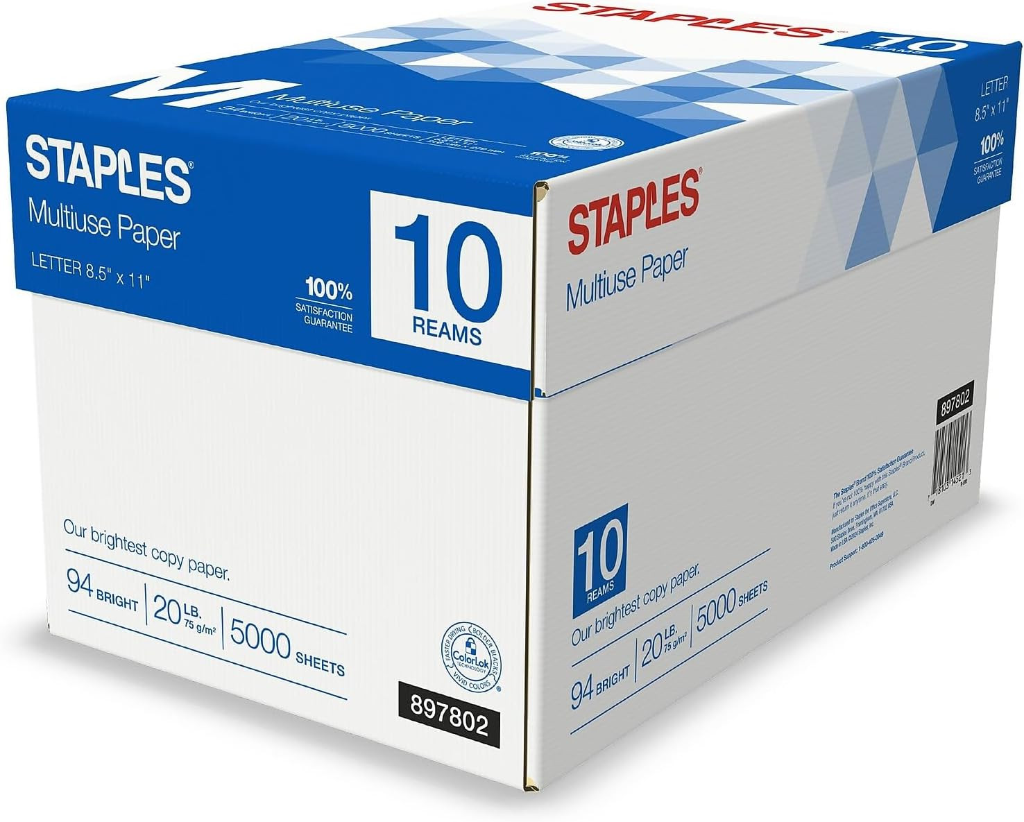 Staples Multipurpose Copy Printer Paper, 20 Lb, 8.5 X 11 Inches, 10 Reams, 94 Br