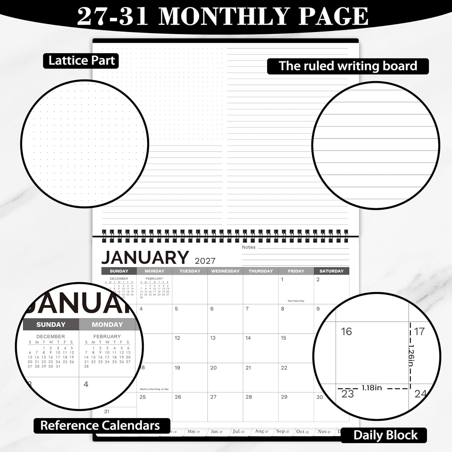 2027-2031 Planner with Unruled Daily Blocks and Notes Columns for Scheduling