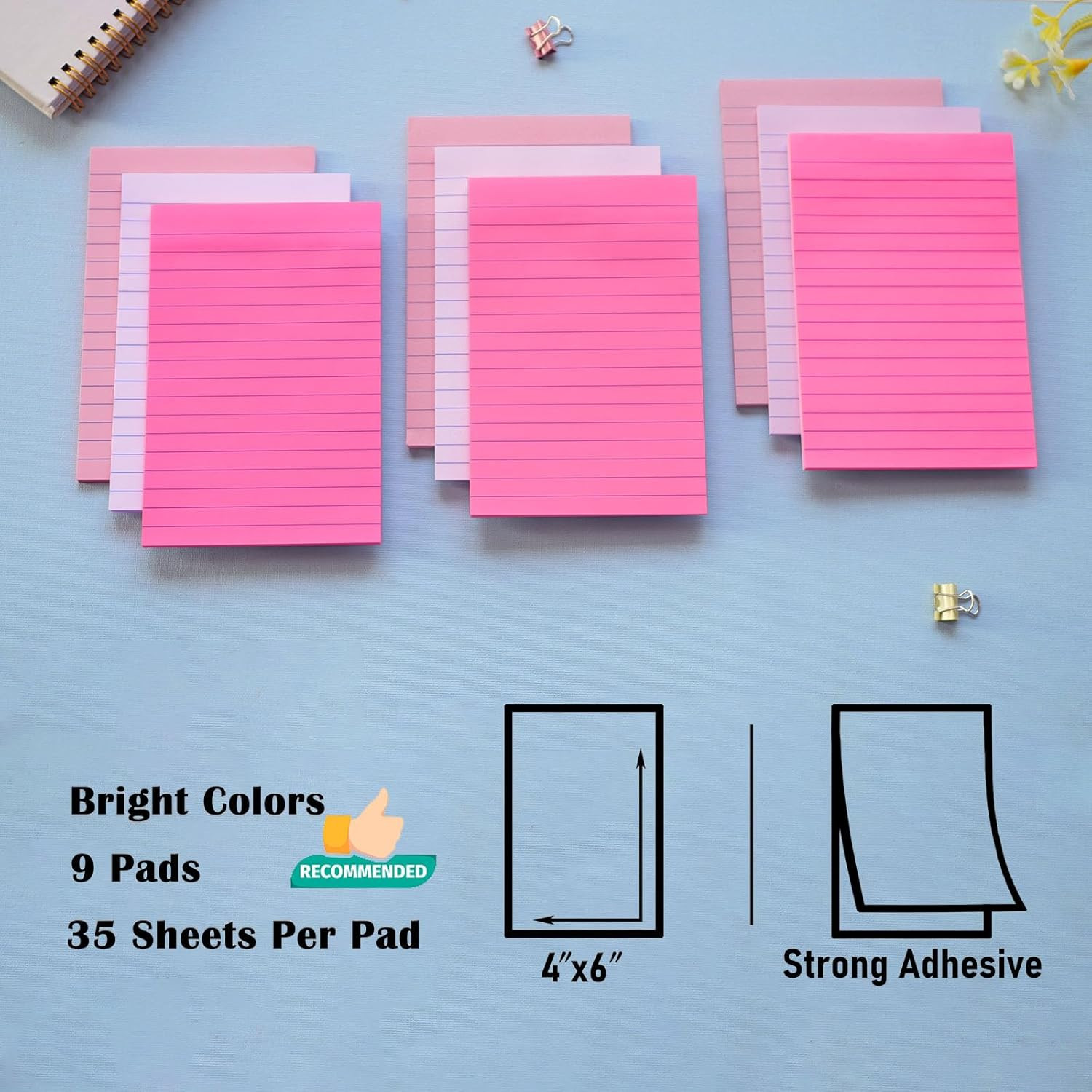 9 Pack Lined Sticky Notes 4X6 in Post Sticky Notes with Lines, Large Ruled Po…