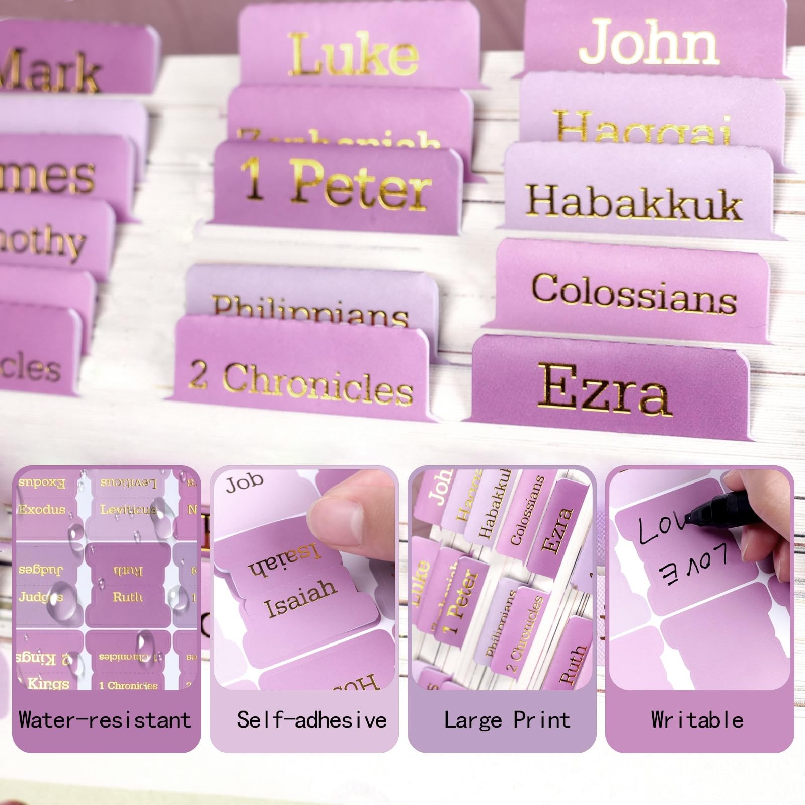 Pink Bible Tabs for Women & Men，Gold Foil Lettering Laminated Bible BookTabs,…