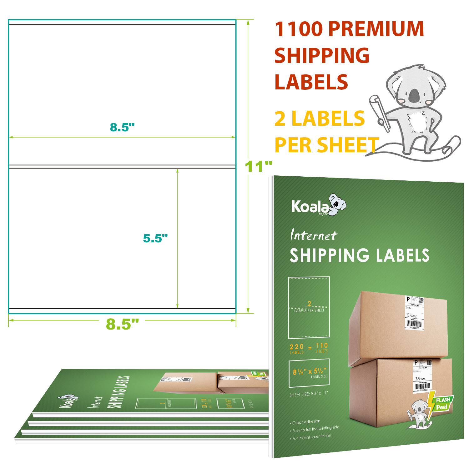 Premium 1100 Shipping Labels 8.5×5.5 Half Sheet Adhesive 2 Per Sheet 1000 Koala