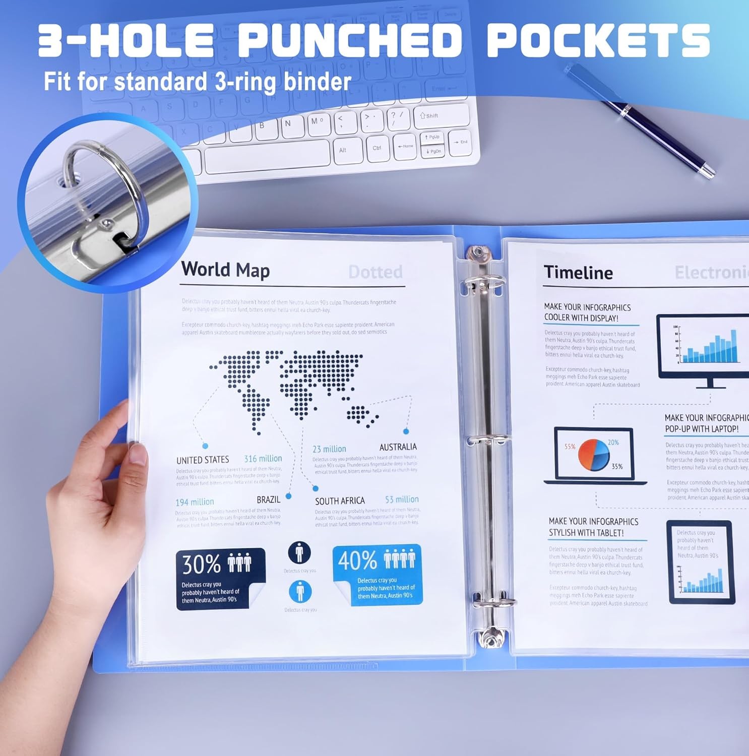 10 Pack Letter Size Binder Pockets 3 Ring Binder Zipper Pouch, 3-Hole Waterproof