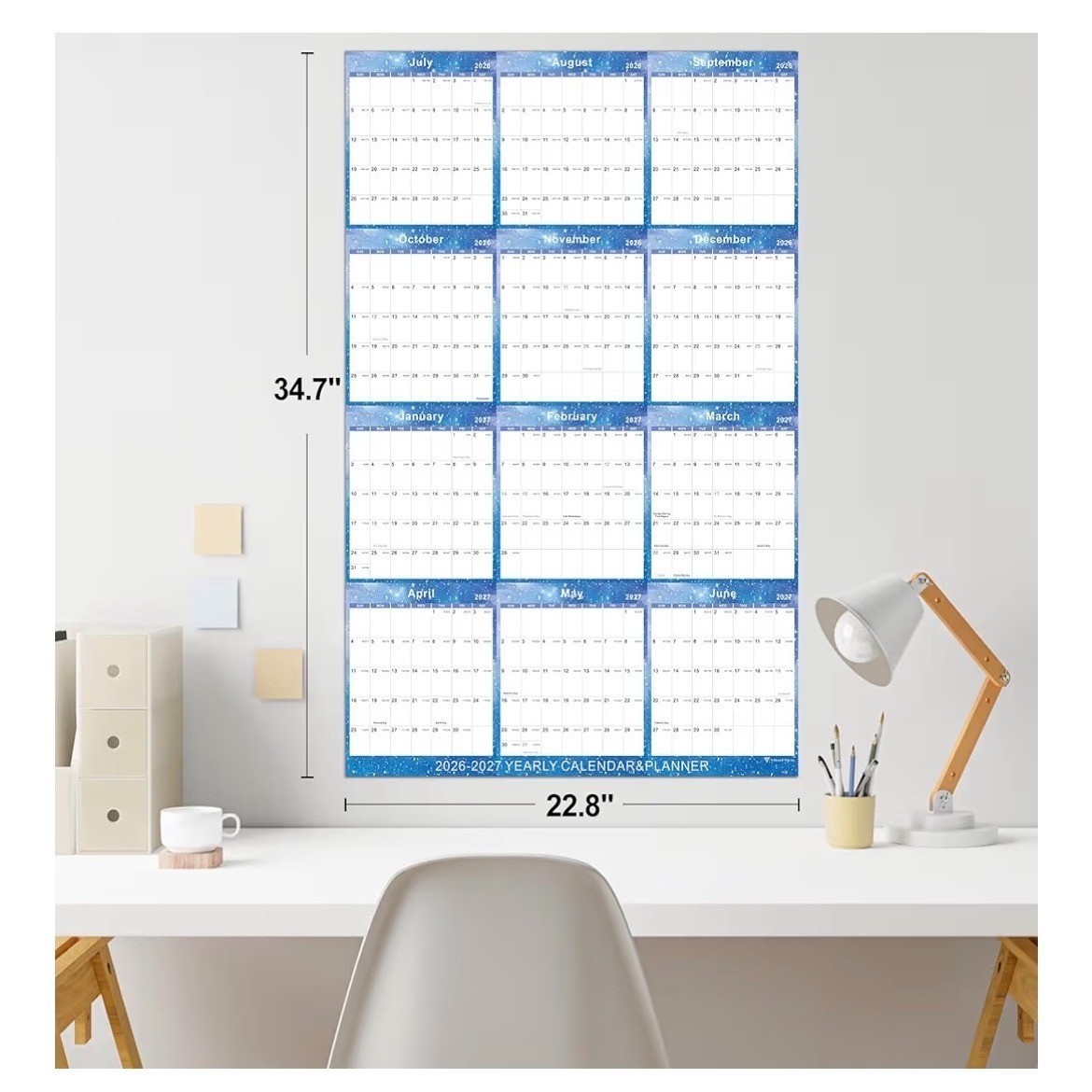 Vibrant Focus 2026-2027 Yearly Wall Calendar Planner Blue Star 34.7 x 22.8 XL