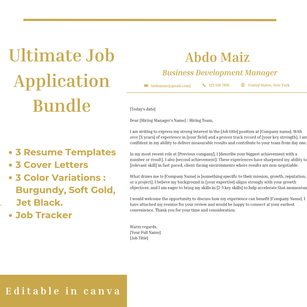 Professional Resume CV & Cover Letter Bundle + Job Tracker | Canva editable