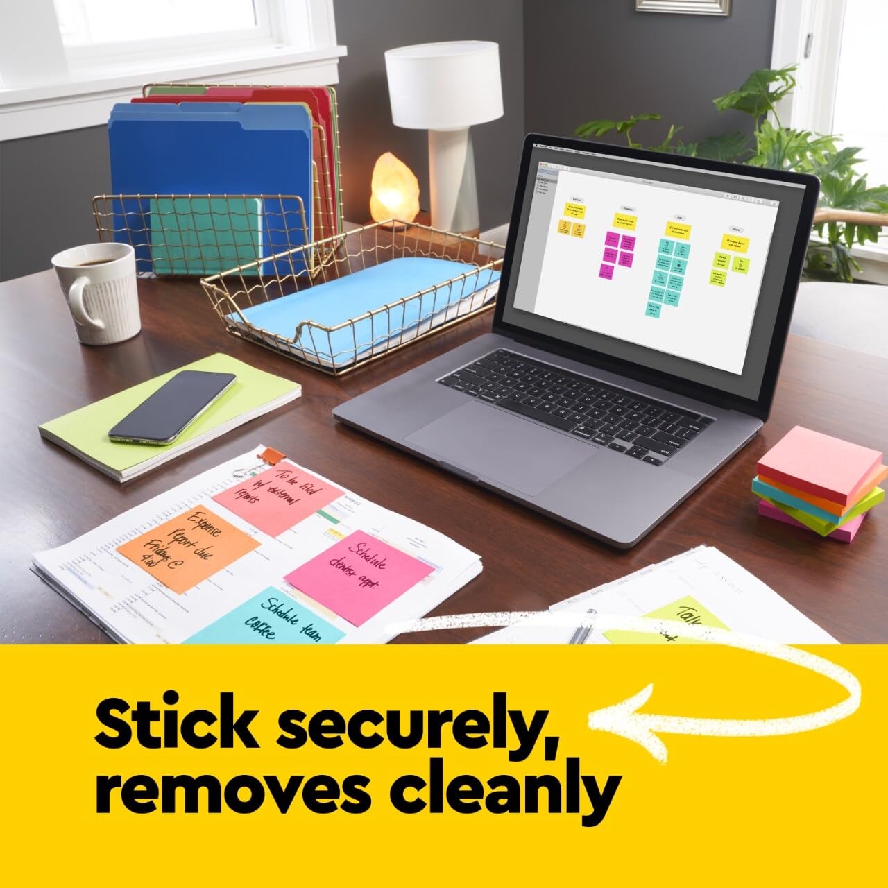 Post-it Notes, 4 3″ x 3″, Fiesta, Vital Orange, Cosmic Pink, Lemon Sour