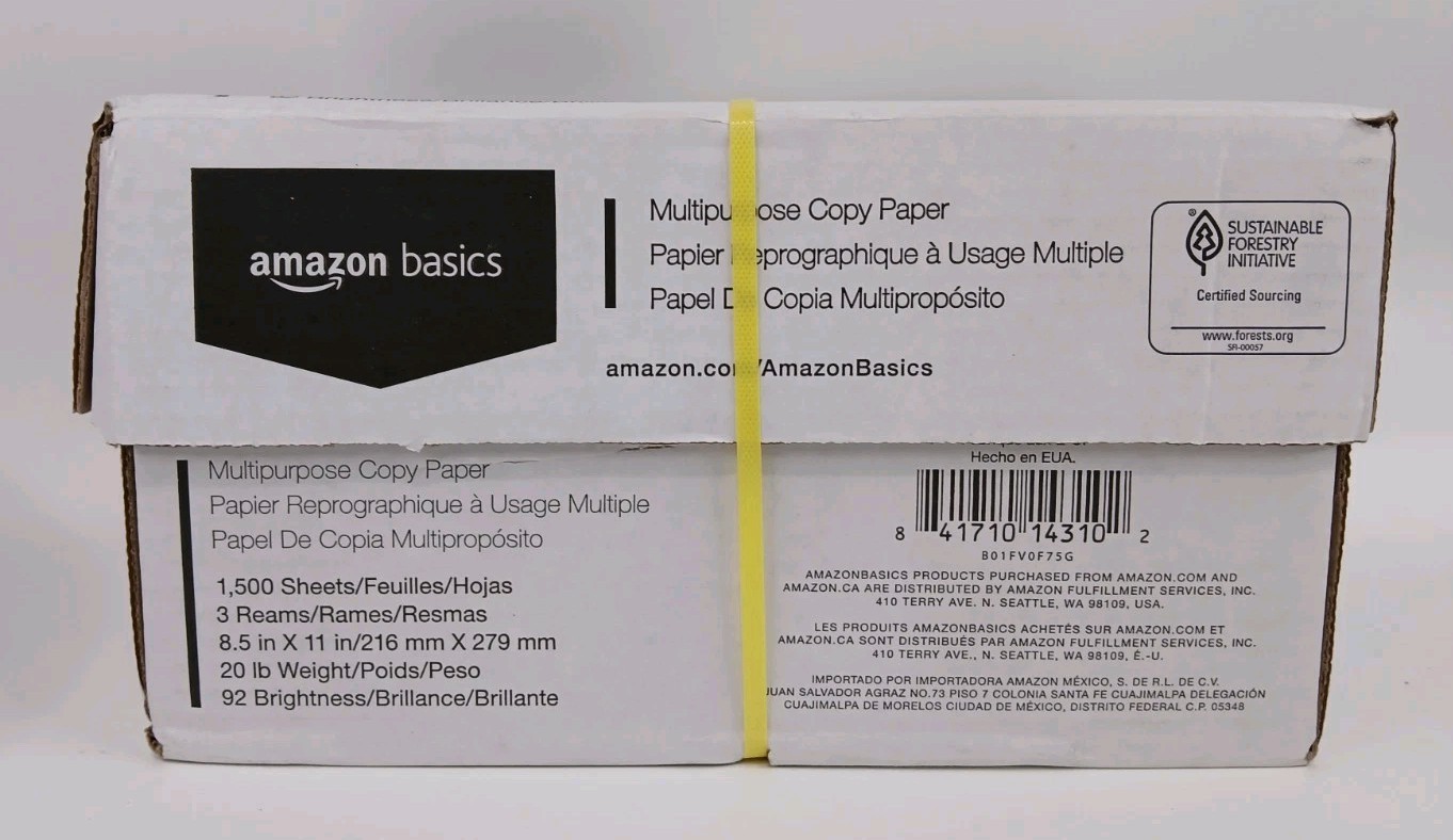 Amazon Basics Multipurpose Copy Printer Paper, 20 lb, 8.5 x 11 Inches, 3 Reams