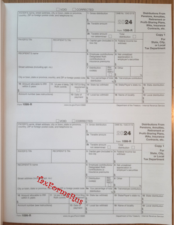 2024 IRS Tax Form 1099-R — NonCarbonless for 10 recipients + (2) 1096 — NO Env