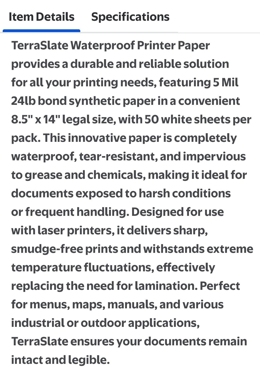 TerraSlate Waterproof Paper, 5 MIL 8.5×14, Laser Printer QTY 46 sheets