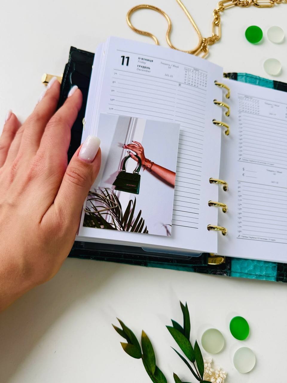 Green A6 leather notebook cover binder 6-Rings. Dated 2026 planner gift for her.