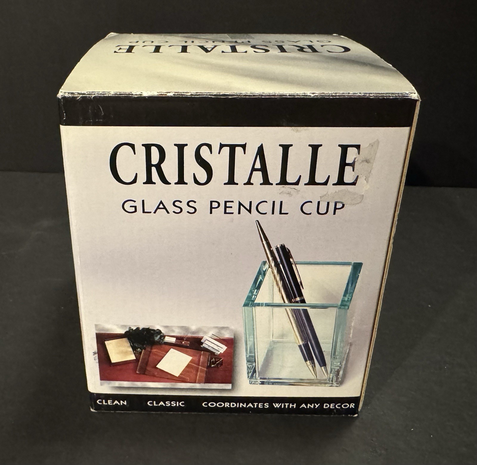 CRISTALLE Glass Pencil Cup ~Pens or Pencils Square Clear Holder~ New in Box