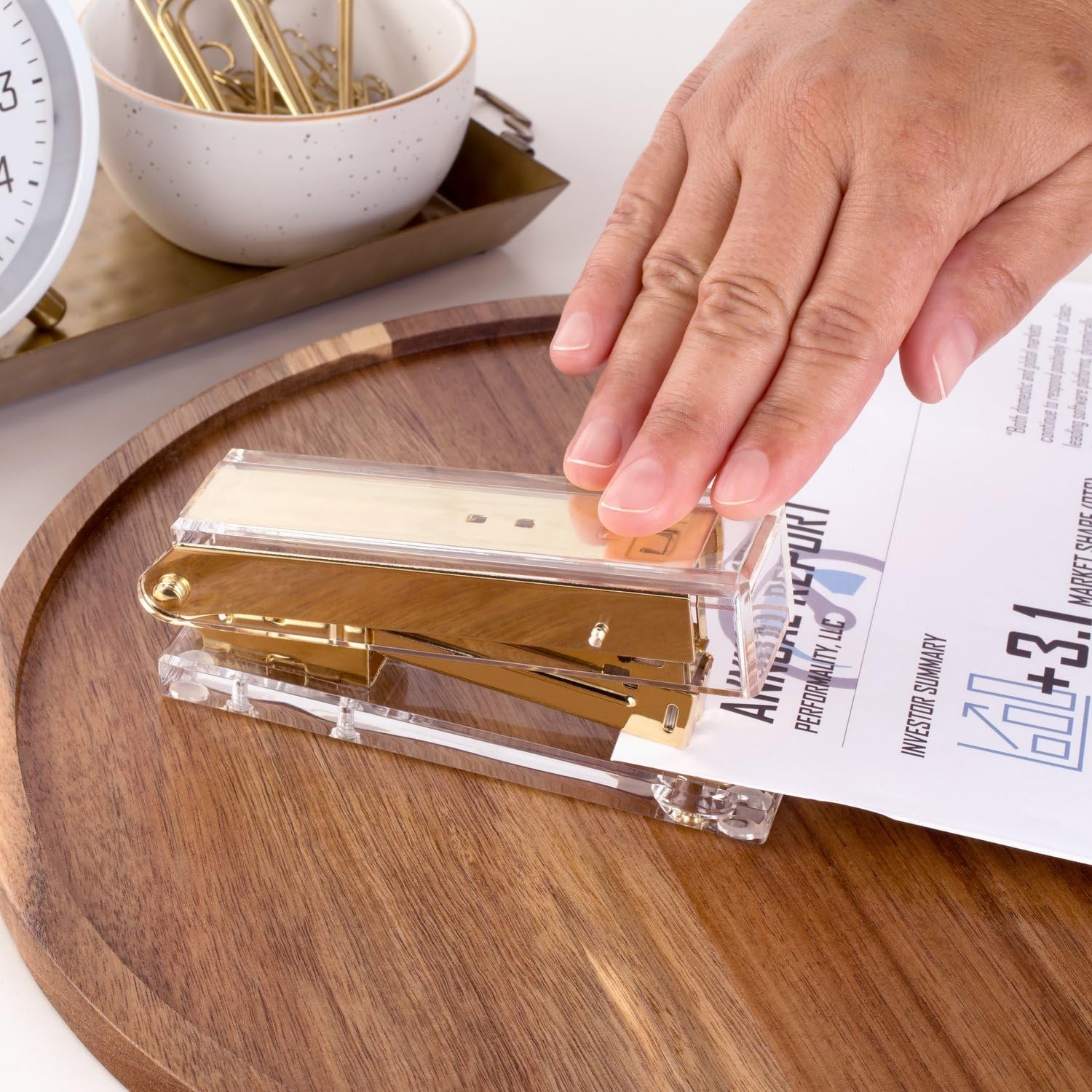 Stylish Clear Stapler, 20 Sheet Capacity, Gold Trim, For Documents And Paper