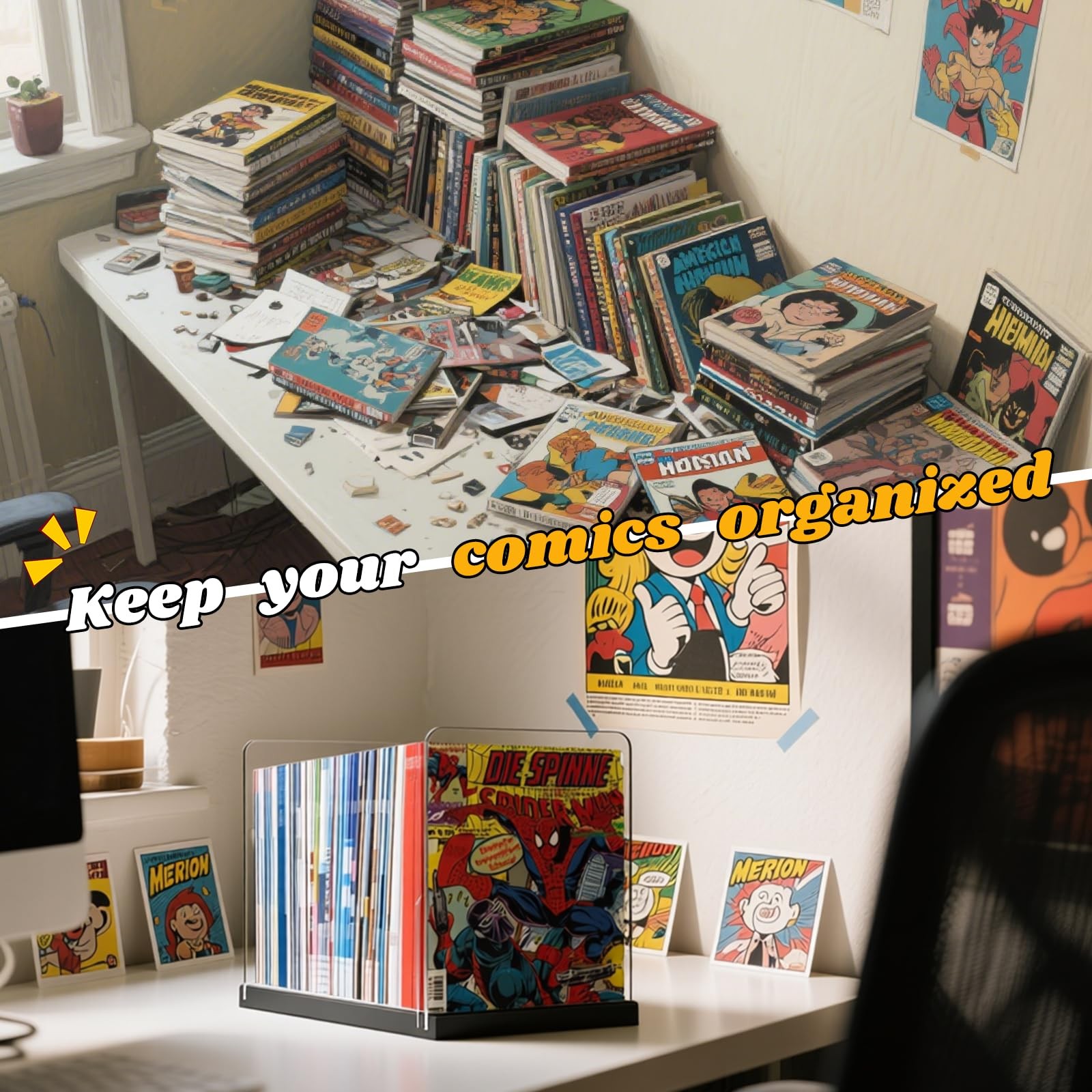 Comic Book Storage Holder，Wood Comic Book Case with three acrylic dividers，Ac…