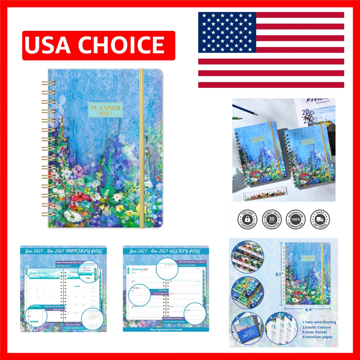 Compact 2027 Planner – 6.4″ x 8.5″ Weekly/Monthly with Sturdy Cover & Closure