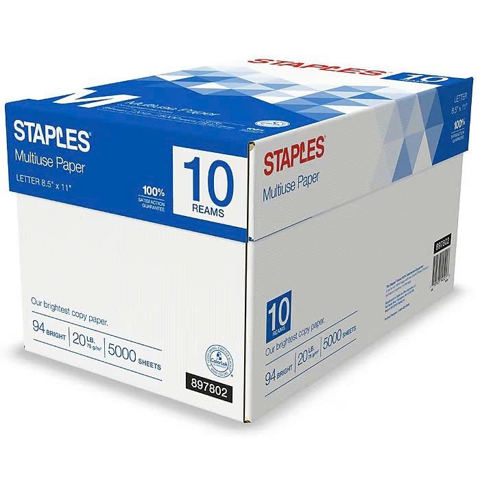 Staples Multiuse Copy Paper 8.5×11 Letter, 20 lb 94 Bright 5000 Sheets, 10 Reams