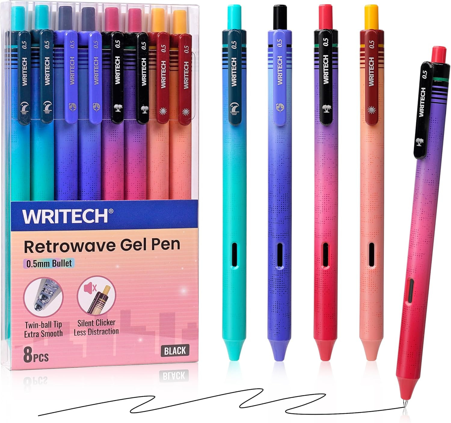 WRITECH Black Ink Gel Pens: 8-Pack Retrowave 0.5mm Fine Point Pens – Smooth Writ