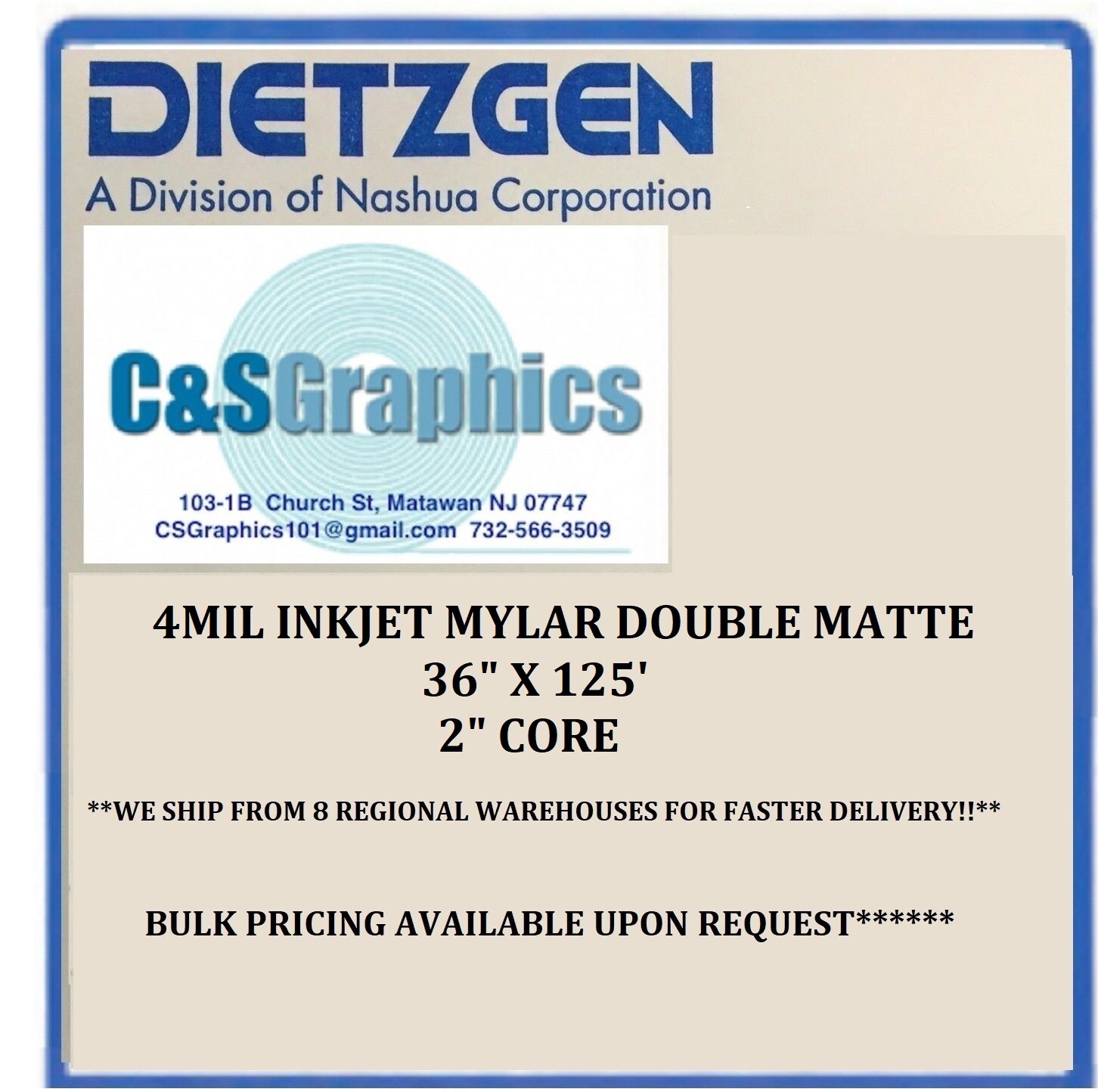 1 ROLL 36″ x 125′ 4 mil Double Matte Inkjet Mylar Plotter Film