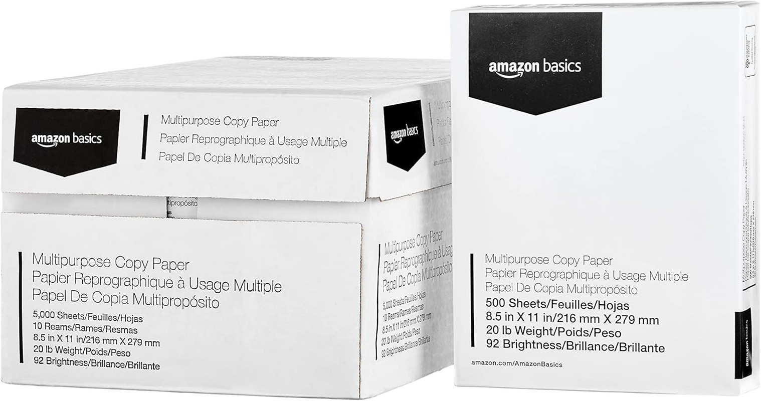 Amazon Basics Multipurpose Copy Printer Paper, 20 Lb, 8.5 X 11 Inches, 10 Reams