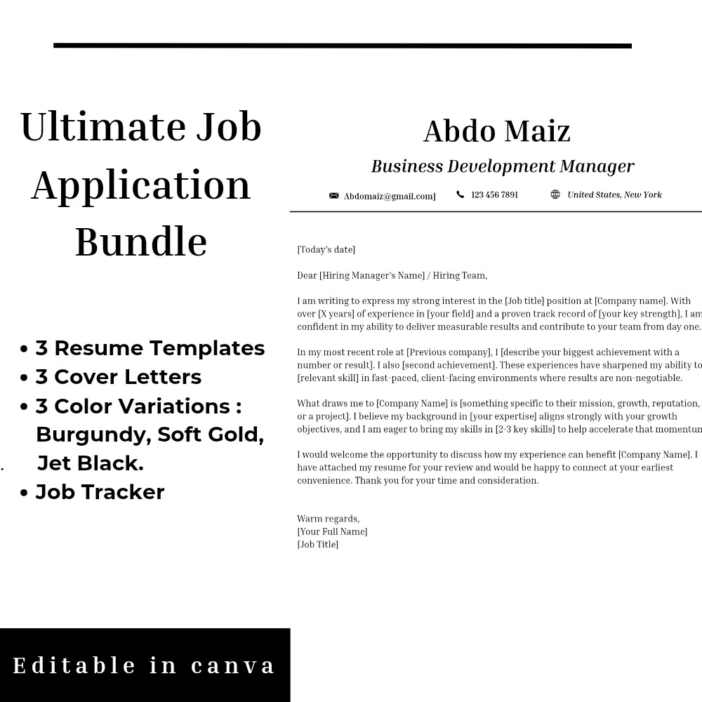 Professional Resume CV & Cover Letter Bundle + Job Tracker | Canva editable