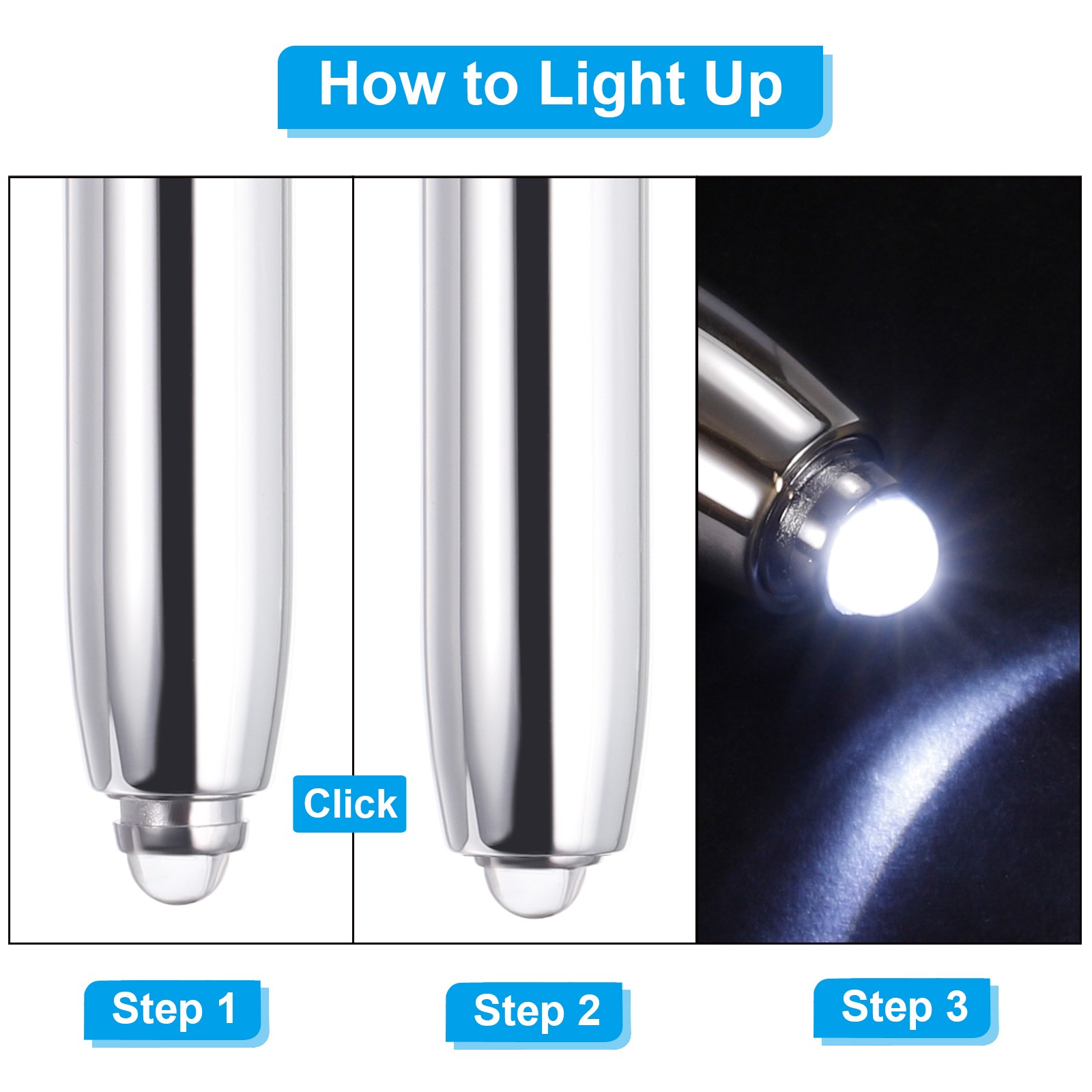 10 Pack Ballpoint Pen with Tip and LED Flashlight 3 in 1 Metal Pen Blue
