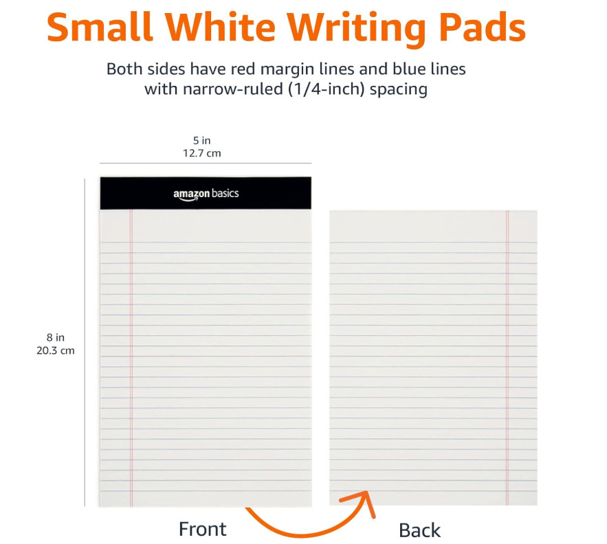 Narrow Ruled Lined Writing Note Pad, 5 Inch X 8 Inch, White, 12 Pack of 50 page