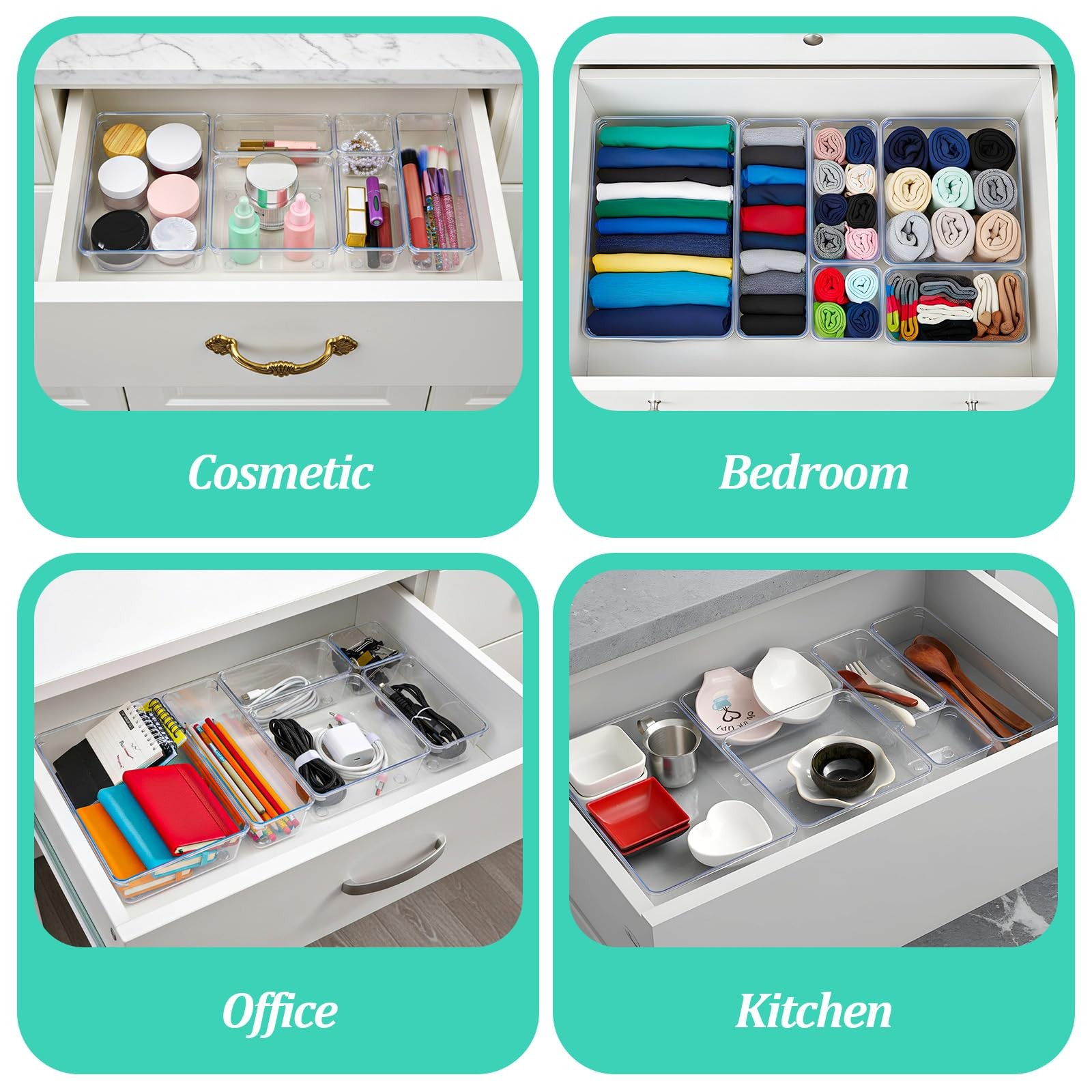 16 Pack Plastic Drawer Organizers Set, 5-Size Kitchen and 6 Pack, Clear