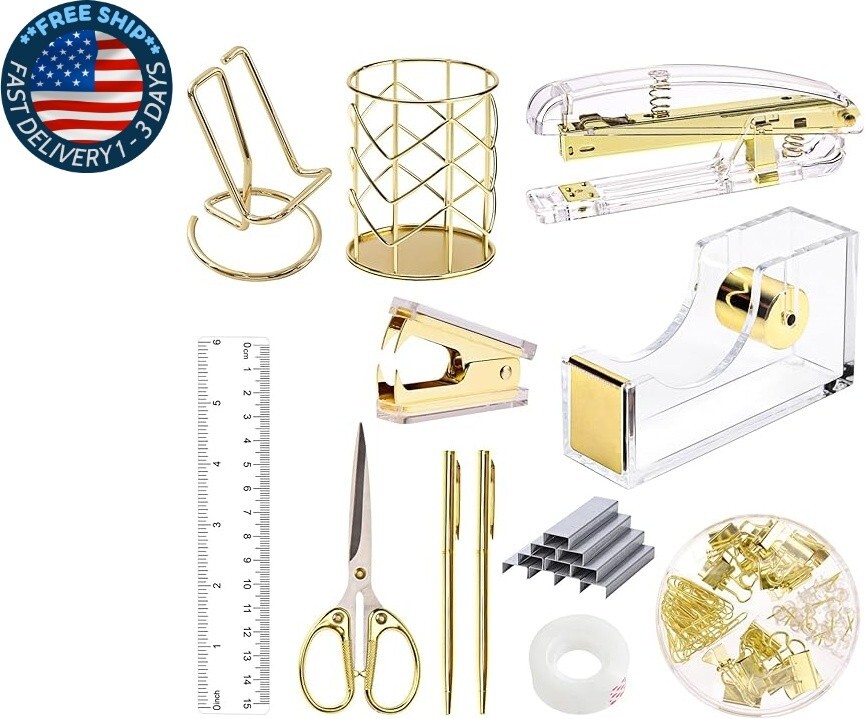 Juego de suministros de oficina dorados, accesorios de escritorio, grapadoras