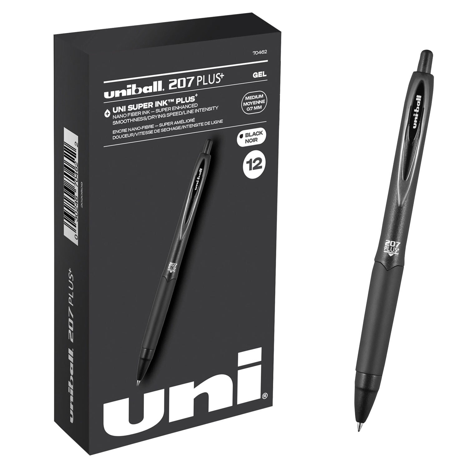 Uni-ball 207 PLUS+ 70462 Black Gel Ink 0.7mm Medium Point Pens, Box of 12