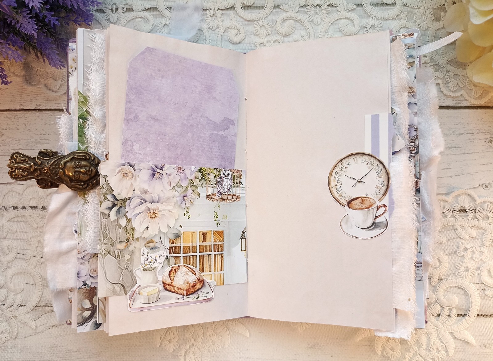 Junk Journal Handmade Lace Purple Lavender Notebook Decorated USA 8×4 in
