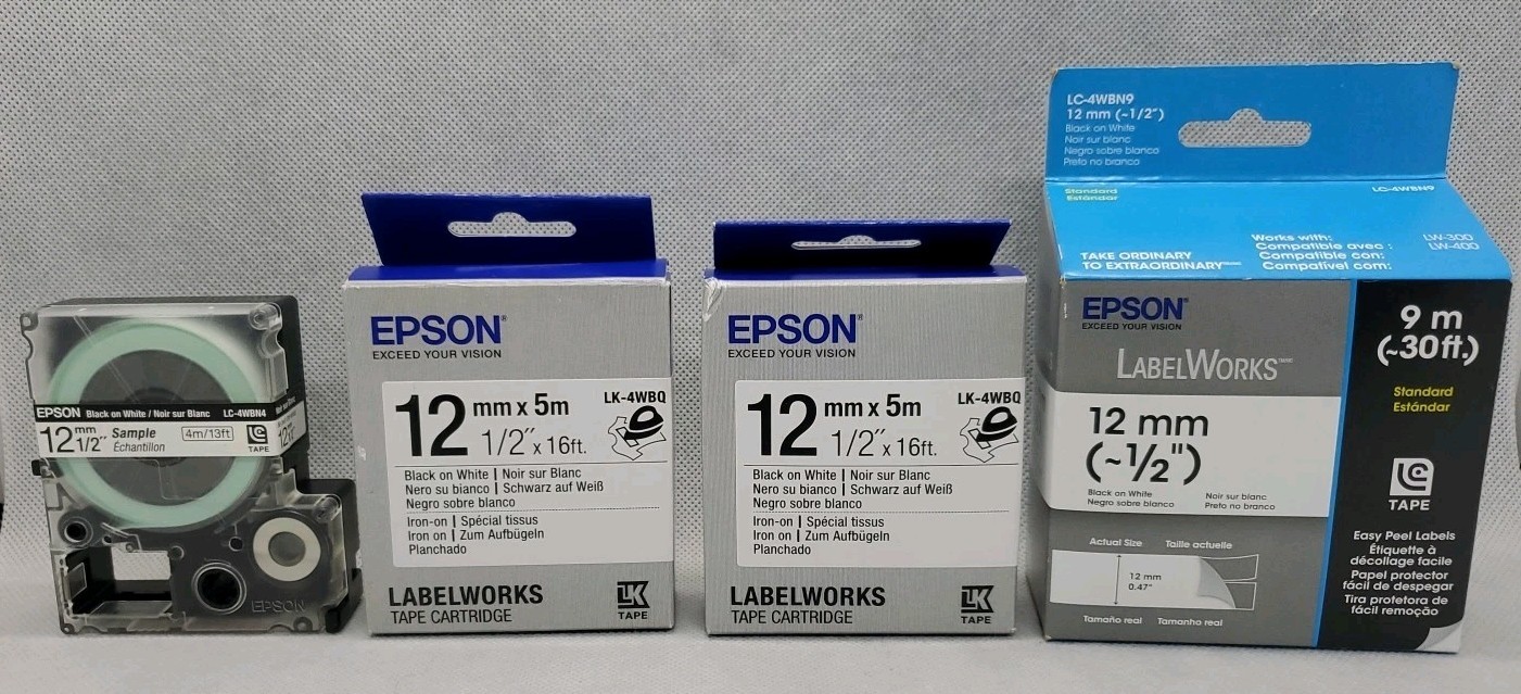 Lot of 4 ~ New Epson Black on White 12mm (1/2″) Labelworks Tape Cartridges