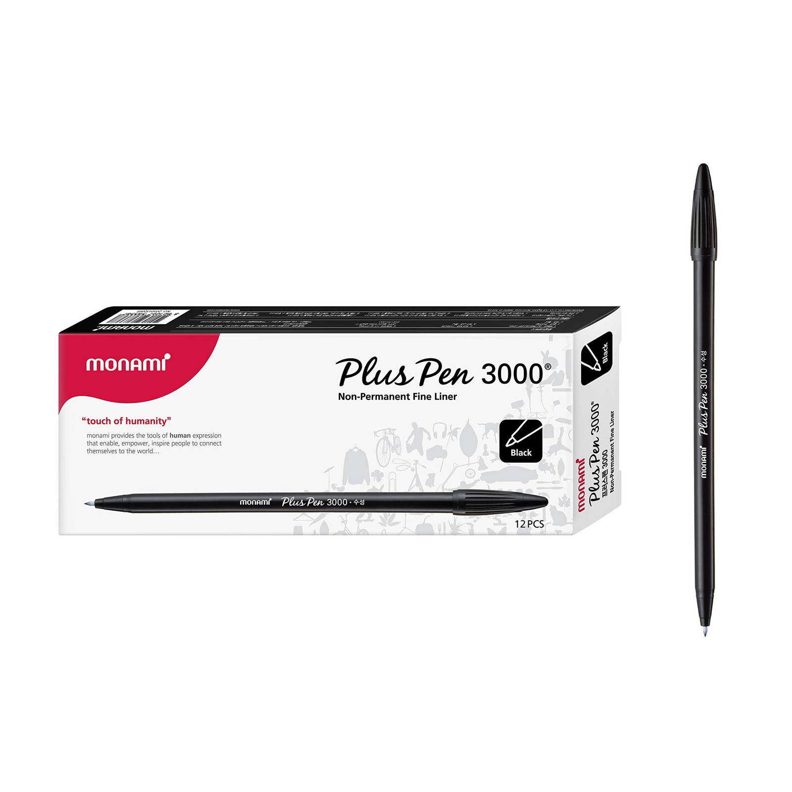 MONAMI Plus Pen 3000 Felt Tip Pens, Fine Point 1 Count (Pack of 12), Black