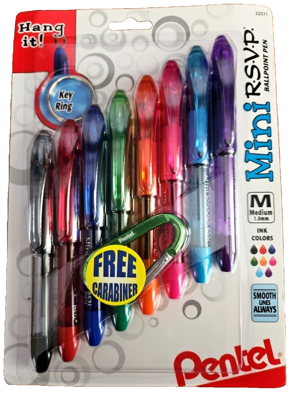 Pentel RSVP Mini Ballpoint Pen, (1.0mm) Medium Line, 8 ink colors w/carabiner