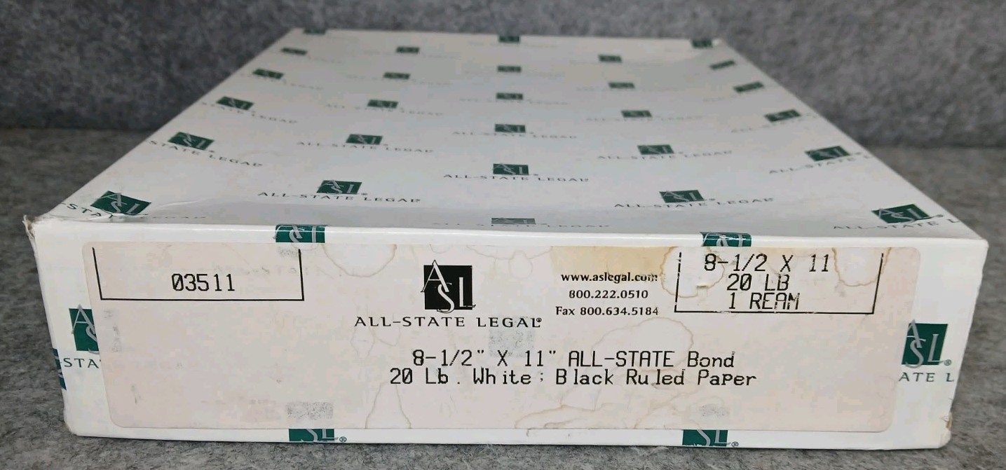 All-State Legal Bond Paper 8.5×11 Black Ruled 20lb White Ream ~90% Full