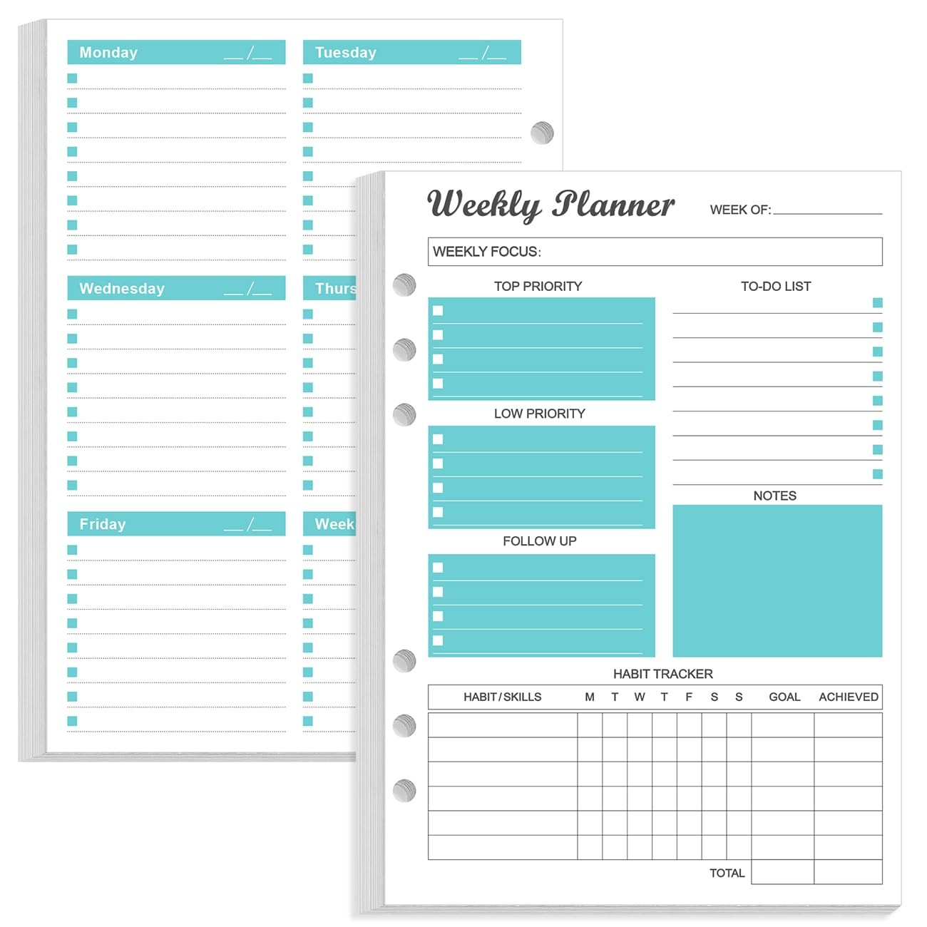 6-Hole Weekly Planner Refills for A5 Binders – 53 Sheets/106 Pages Undated We…
