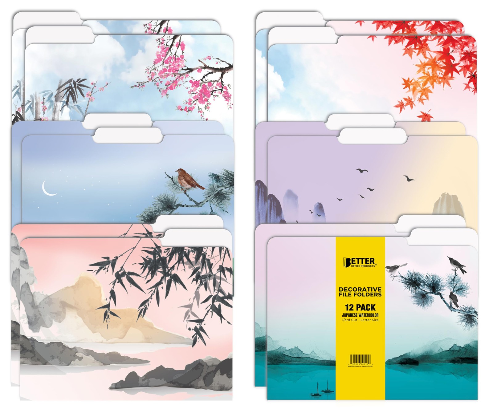 Better Office Products Decorative File Folders, 12 Pack, 6 Unique Multicolor