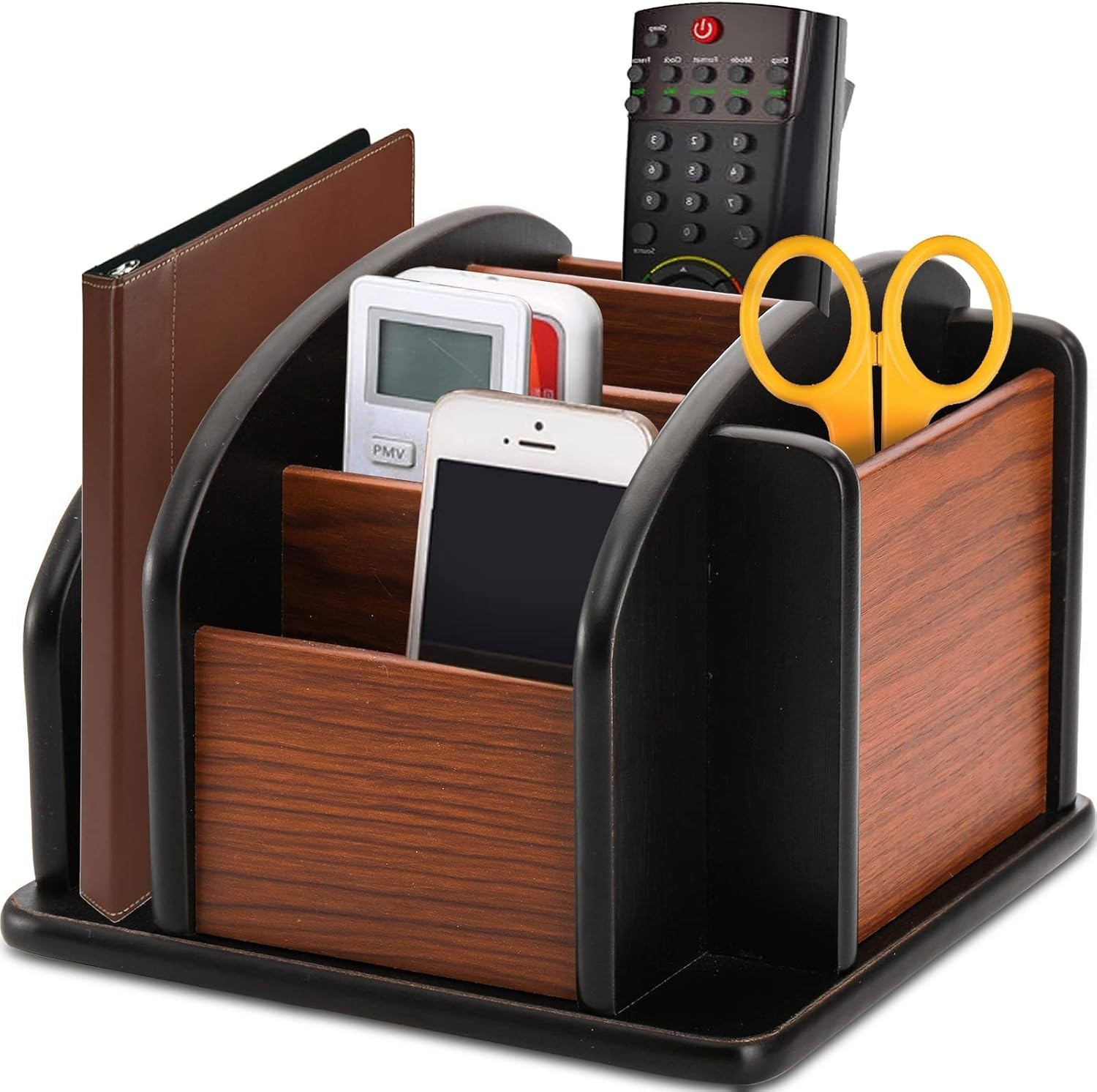 Wood Remote Control Holder for Table, Revolving Office Desktop Organizer