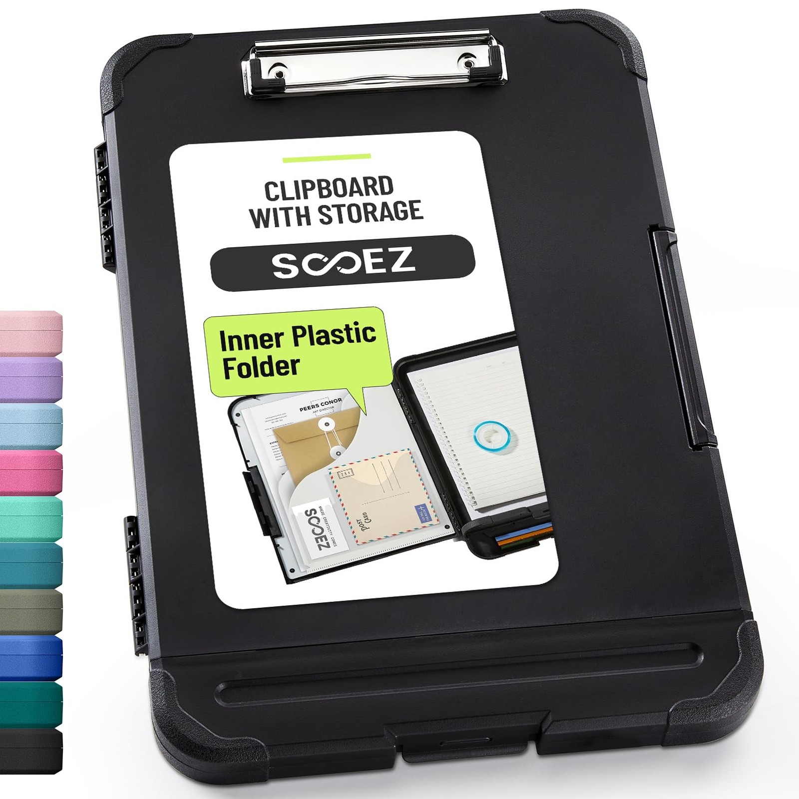 Sooez Reinforced Clipboard with Storage, Inner Plastic Folder Attached, Black