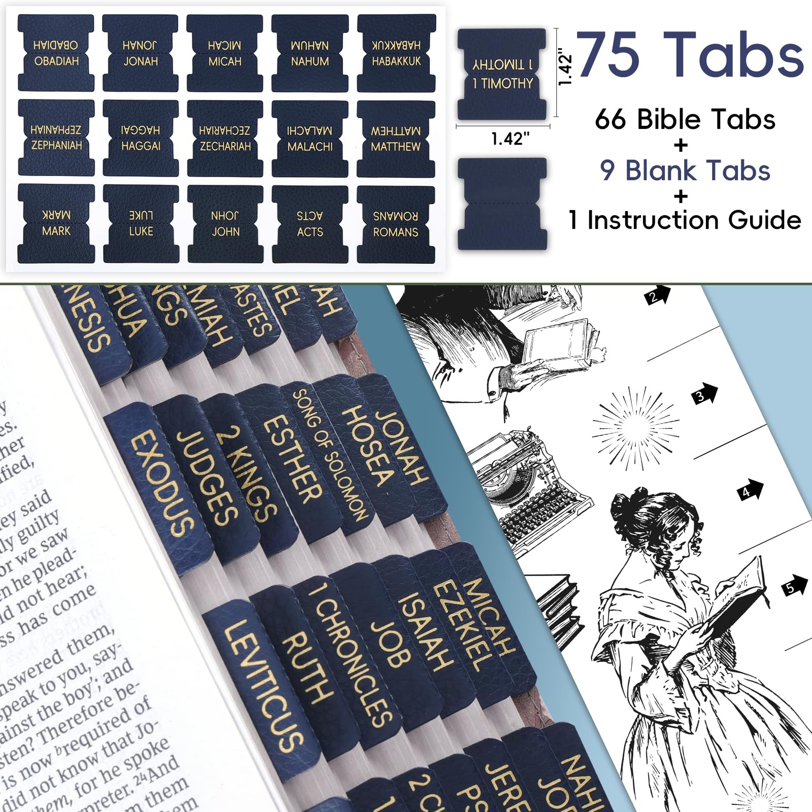 Leather Blue Bible Tabs Laminated Large Print Gold Foil Bible Tabs for Men W