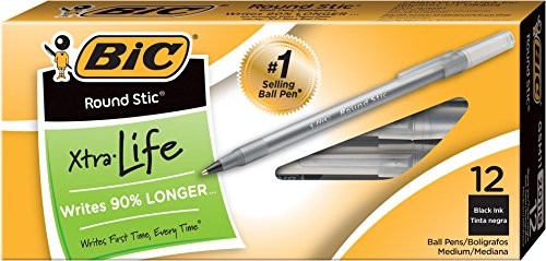 BIC ROUND STIC XTRA LIFE BALLPOINT PEN, MEDIUM POINT (1.0MM), 12-COUNT – BLACK