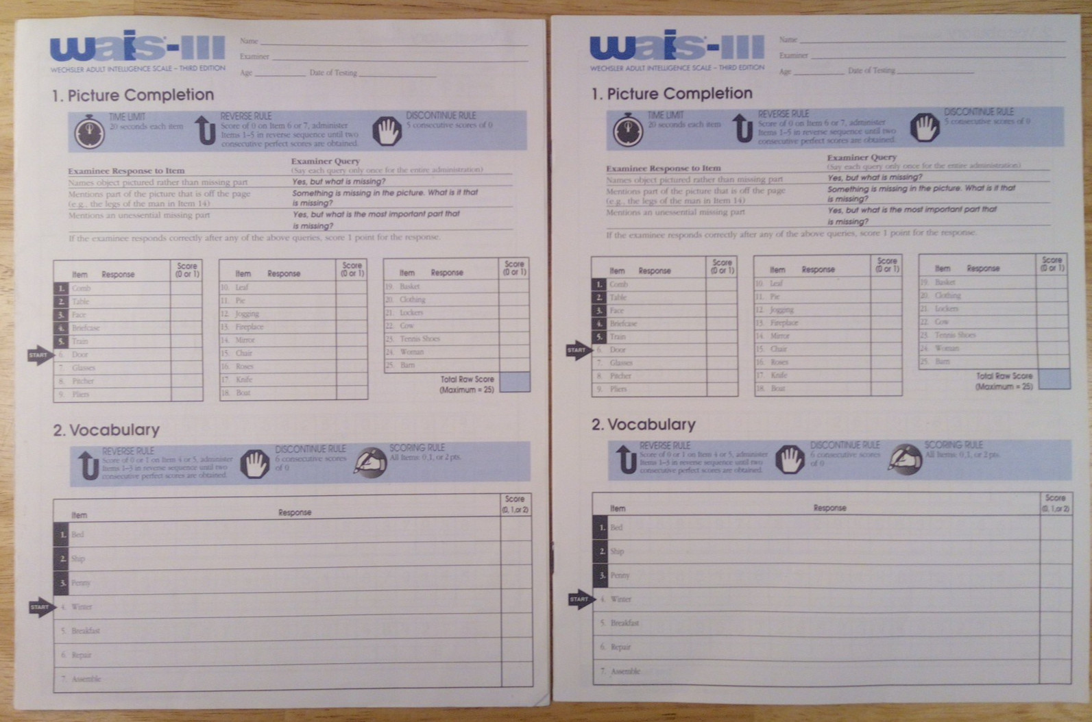 WAIS III Wechsler Adult Intelligence Scale Record Form . Lot of 10
