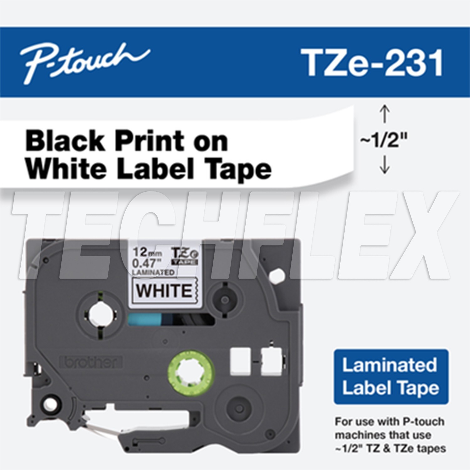 BR-TZE231M 0.47 in x 26.2 ft (12mm x 8m), Black Ink on White Label