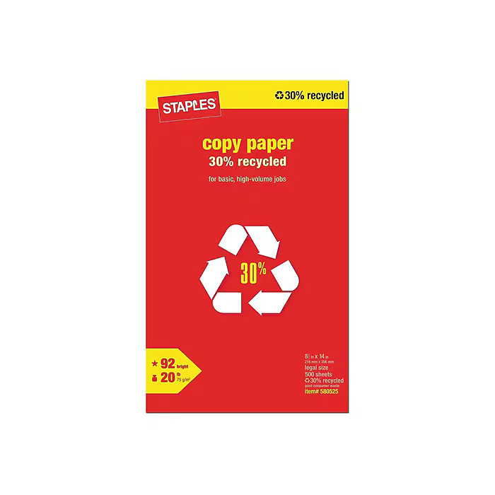 Staples 30% Recycled Copy Paper 8.5″ x 14″ Legal White 5000 Sheets 20 lb 10 Ream